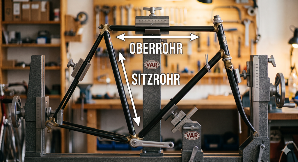 Fahrradrahmen in einer Werkstatt der erklärt was ein Ober- und ein Sitzrohr ist